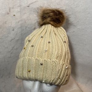 Warm And Snug Beige Knit Pearl And Beaded Beanie